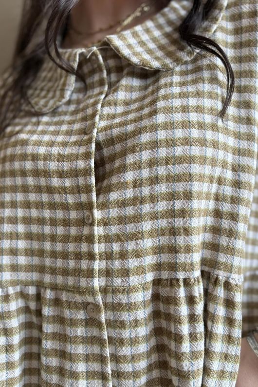 Annie Gingham Peter Pan Smock Blouse Olive